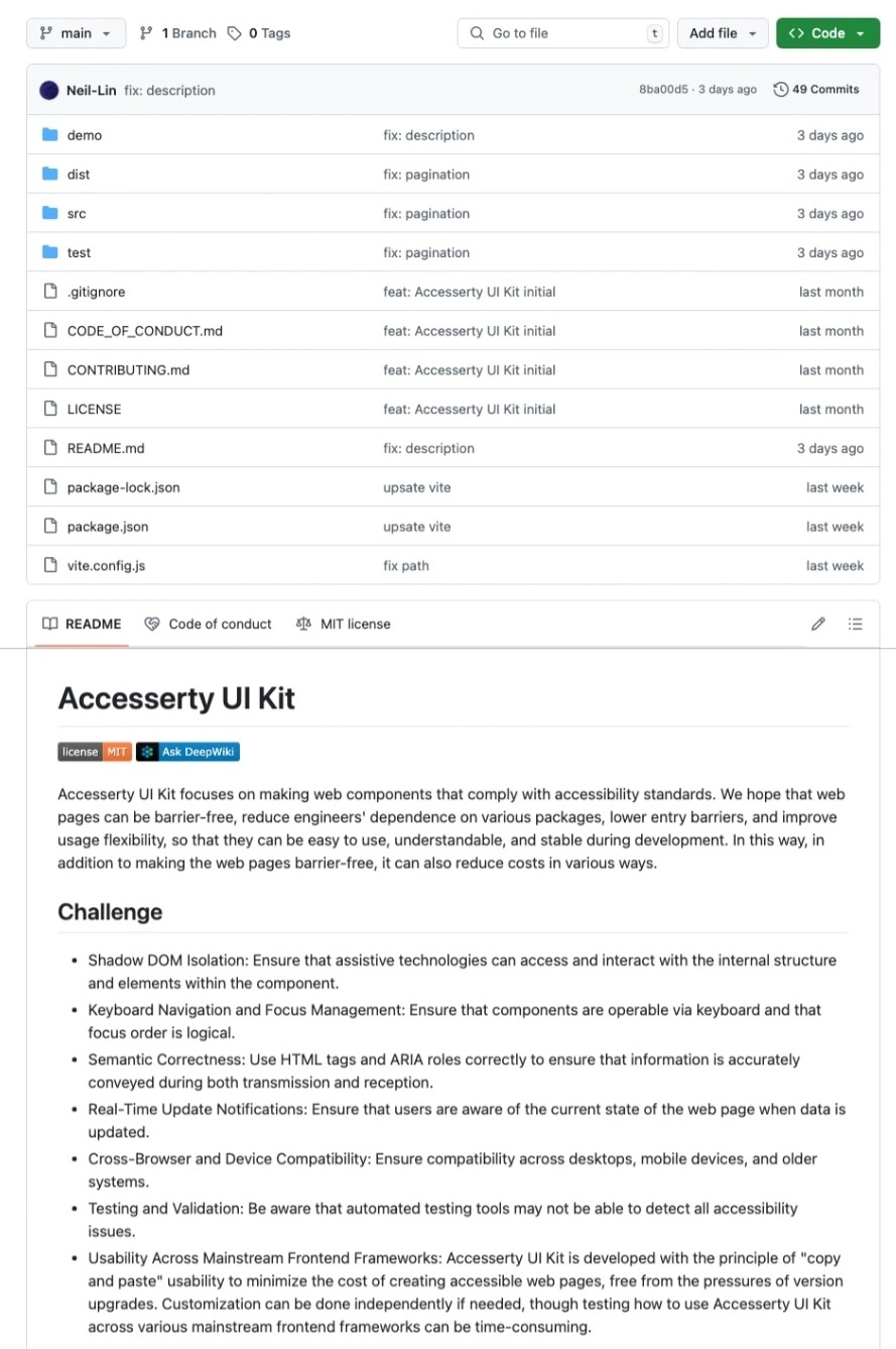 Accesserty UI Kit 是一個以 Web Components 技術構建的網頁元件庫，內建無障礙語意、結構及互動支持，確保可及性為標準配置。即使不了解 WCAG 的技術細節，它依然能幫助你打造符合資訊公平性原則的介面，讓更多使用者能順利使用你的網站。